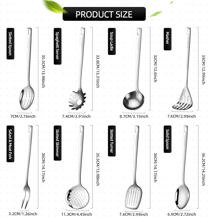 MAXCOOK 18/8 Stainless Steel Cooking Utensil set, 8 Pieces Dishwasher Safe