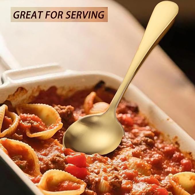 Mafier 7" Round Soup Spoons Set of 4,18/10 Stainless Steel Heavy Duty with Deep Bowl,Matte Stain Finish,Dishwasher Safe(Gold)