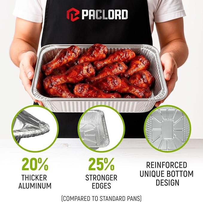 Paclord Aluminum Foil Pans - Half-Size 9" x 13", Pack of 25 - USA-Made Disposable Aluminum Trays for Steam Table & Chafing Racks - Great for Baking, Catering, BBQ, Parties, Food Delivery