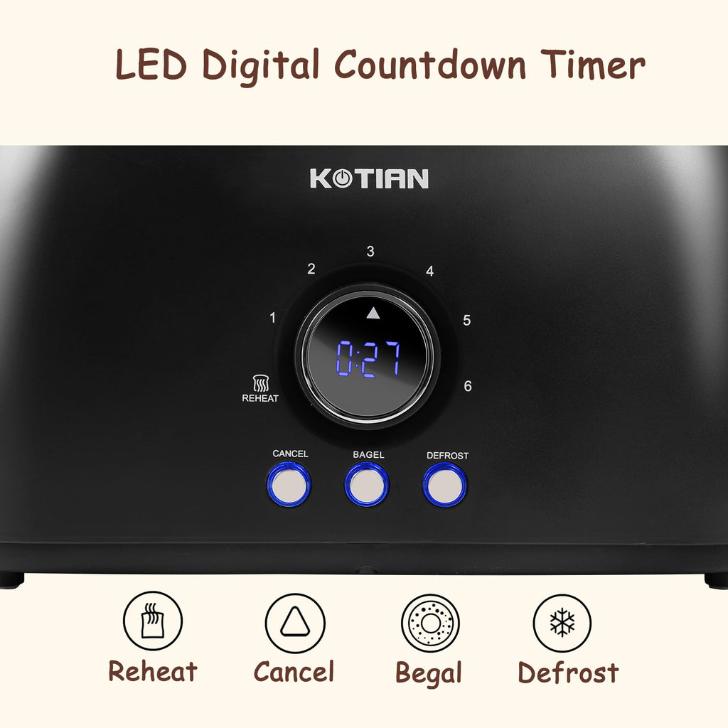 Toaster 4 Slice,KOTIAN Retro Long Slot Toasters with Countdown Timer,Stainless Steel Toaster,Bagel,Defrost,Reheat,Cancel Functions,Extra Wide Slots,6 Toast Settings,Removable Crumbs Tray,Matte black