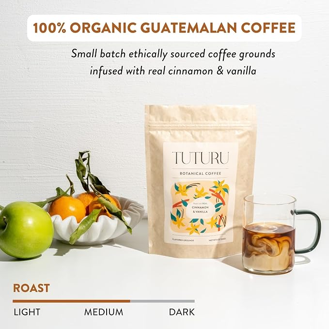 Organic Cinnamon Vanilla Ground Coffee - Real Cinnamon & Vanilla - Medium Roast, Flavored Coffee - Smooth Low-Acid - Perfect for Drip, Pour Over or Cold Brew - 8 oz, 22 Servings