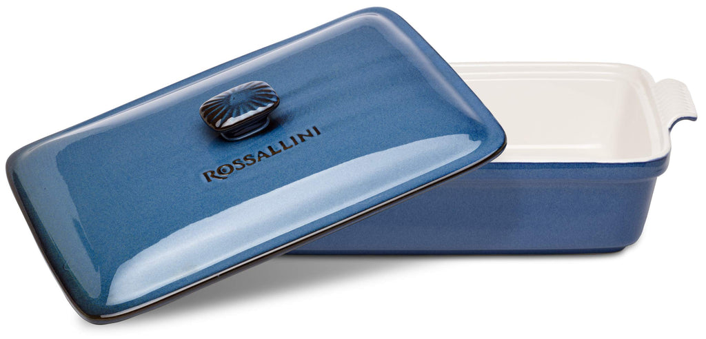 ROSSALLINI Stoneware Casserole Dish Bakeware Set with Lid, Covered Rectangular Dinnerware, Large 3.2 Quart, 11 by 9 Inch, Blu Indaco [Reactive Blue]