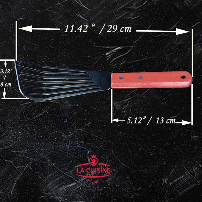 La Cuisine Extra Flexible Stainless Steel Fish Slotted Spatula Turner with Beveled Edge Wood handle, 6.5" Blade, 11" Length for Flipping Fish, Eggs, Pancakes, Patties & Fries