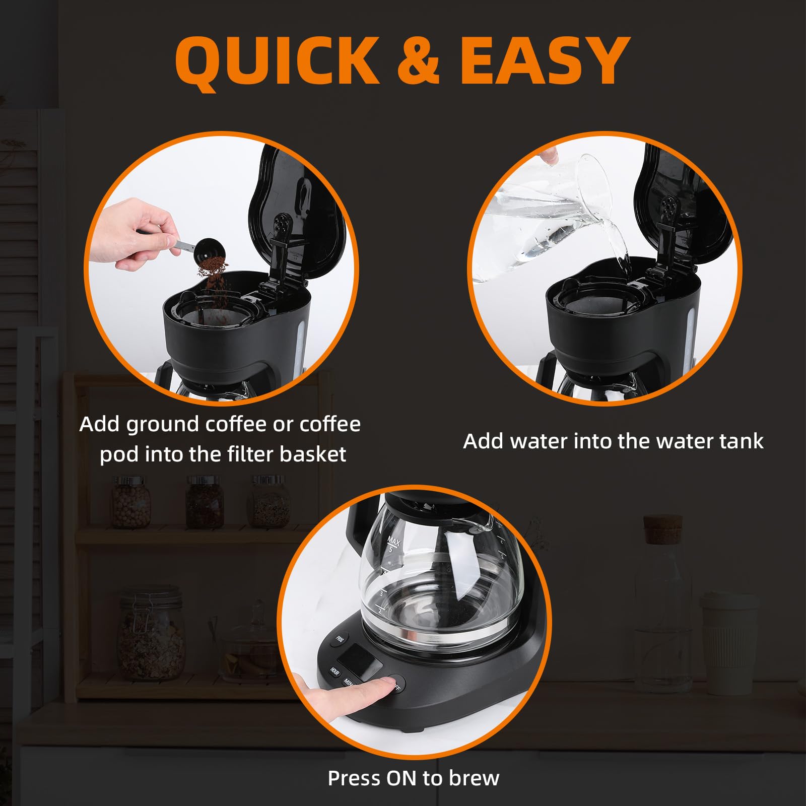 Electactic 5-Cup Programmable Drip Coffee Maker, a compact coffee machine with a digital clock and 24-hour programmable timer, featuring Auto Shut-Off, and a Removable Filter Basket for Home & Office.
