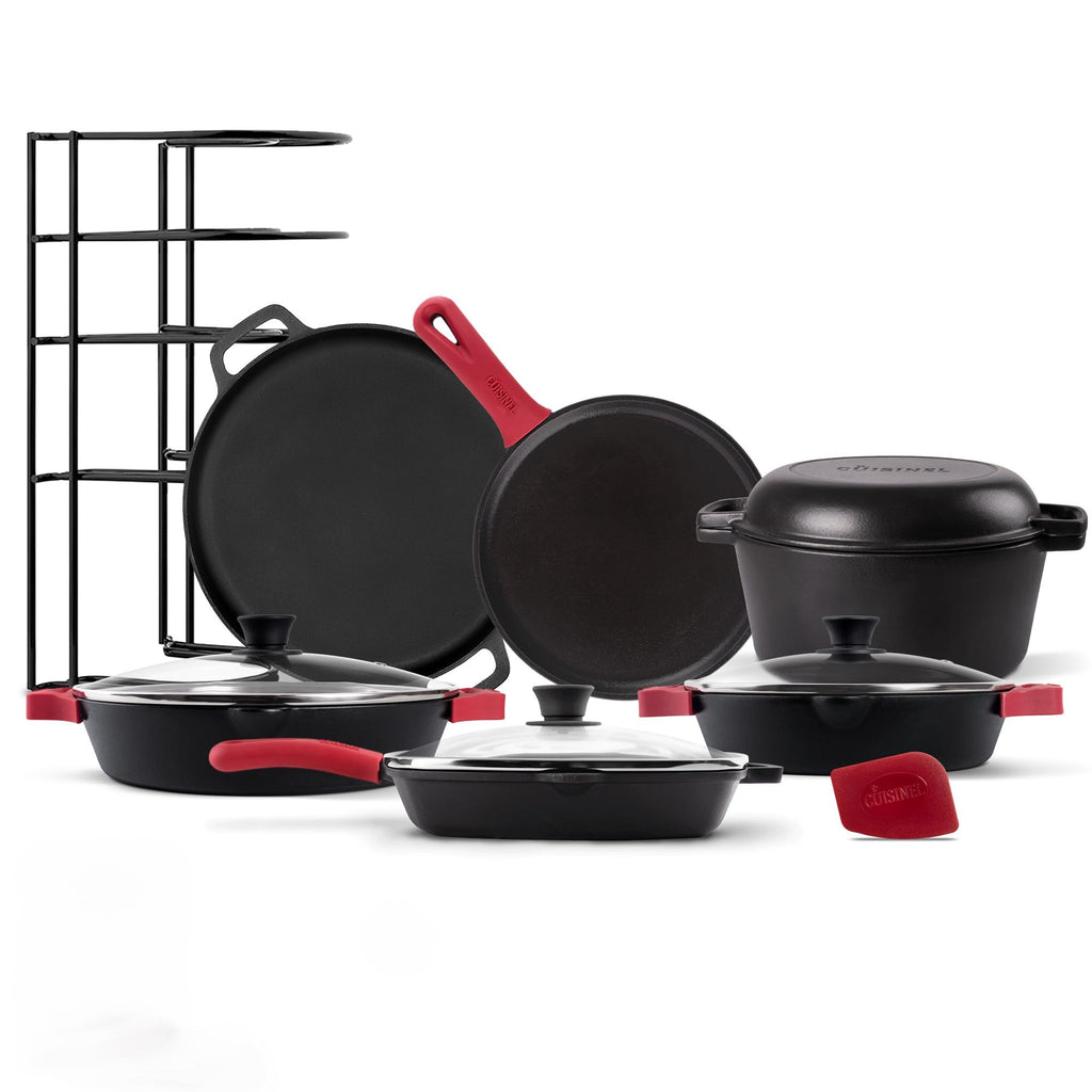 Cuisinel Cast Iron 18-Piece Preseasoned Cookware Set: 10"+12" Skillets w/Lids + 5-Qt Dutch Oven + 10.5" Square Grill Pan w/Lid + Pizza Pan + Round Griddle + 15" Organizer +Scraper + Silicone Handle