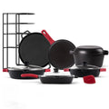 Cuisinel Cast Iron 18-Piece Preseasoned Cookware Set: 10"+12" Skillets w/Lids + 5-Qt Dutch Oven + 10.5" Square Grill Pan w/Lid + Pizza Pan + Round Griddle + 15" Organizer +Scraper + Silicone Handle