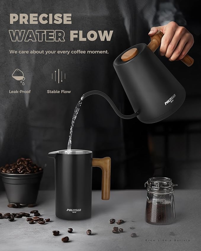 POLIVIAR Electric Gooseneck Kettle, Wood Pattern Handle, Black