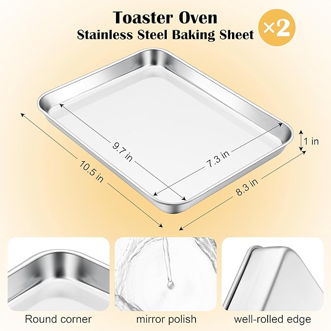 E-far 10.5” x8.3” Baking Sheet Set of 2, Stainless Steel Toaster Oven Tray