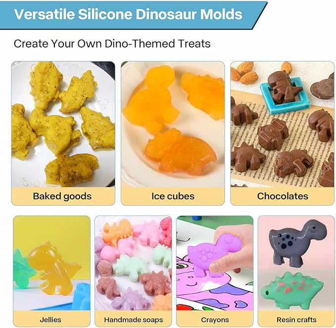2-Pack Silicone Dinosaur Molds with Lids, Multi-Purpose Jello Molds for Kids, Dinosaur Silicone Mold for Chocolate, Baking & Crafting Tool for Cake, Candy, Jello, Ice Cubes - Blue