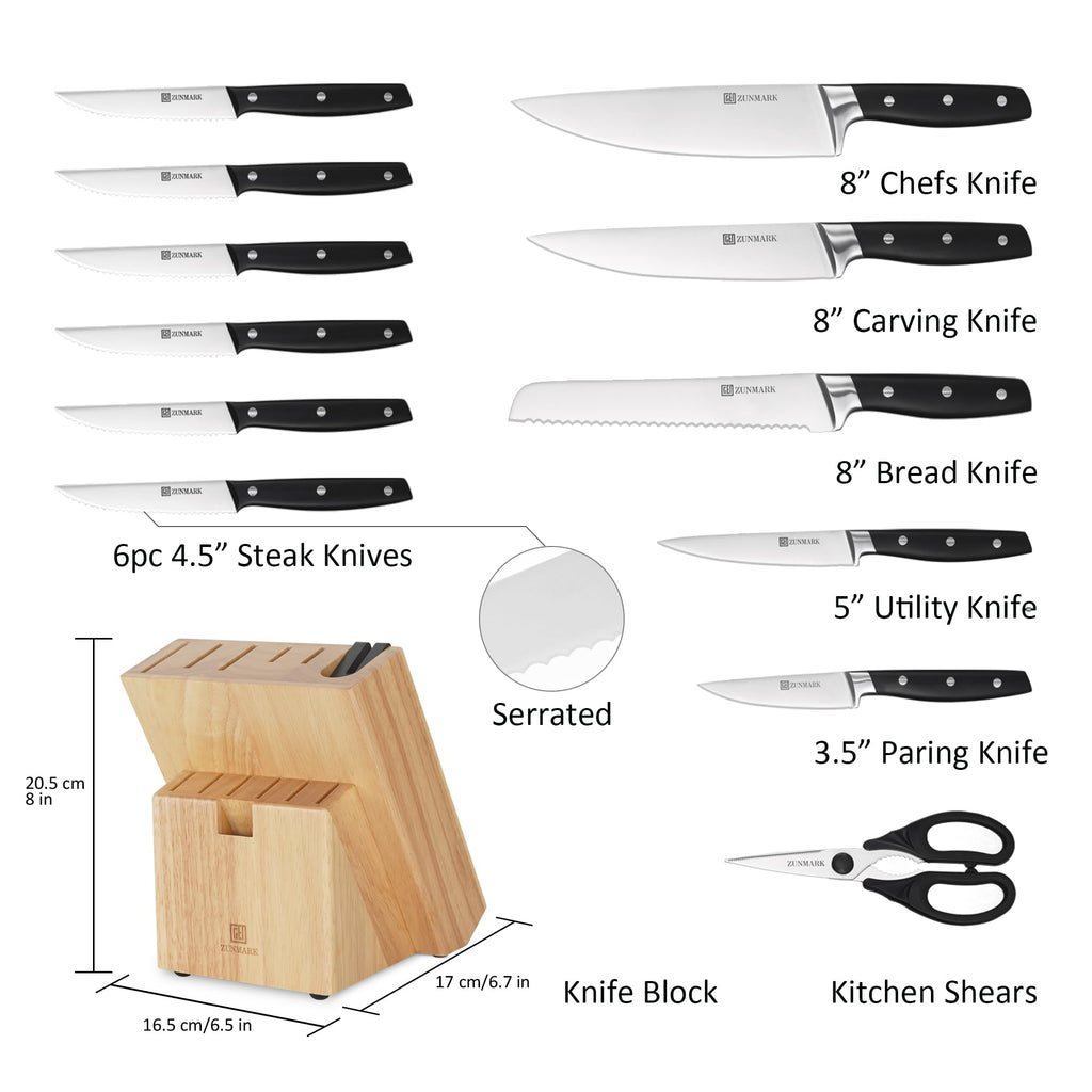 ZUNMARK Kitchen Knife Set, Professional 13 Piece Knife Set with Block and Sharpener, Sharp Chef Knife Set, Ideal for Home and Restaurants, Elegant Black