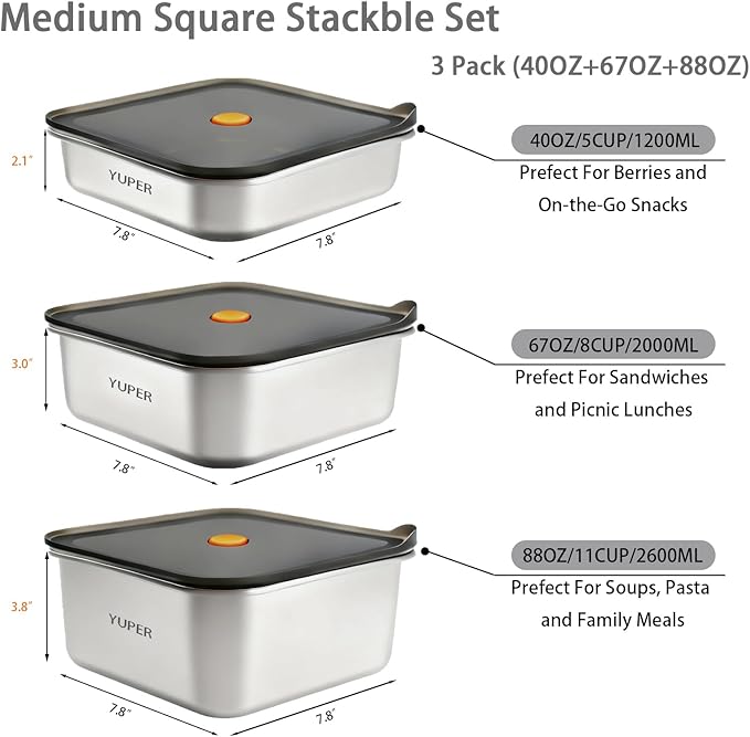 YUPER Stainless Steel Food Storage Containers, 3 Pack (40+67+88OZ)