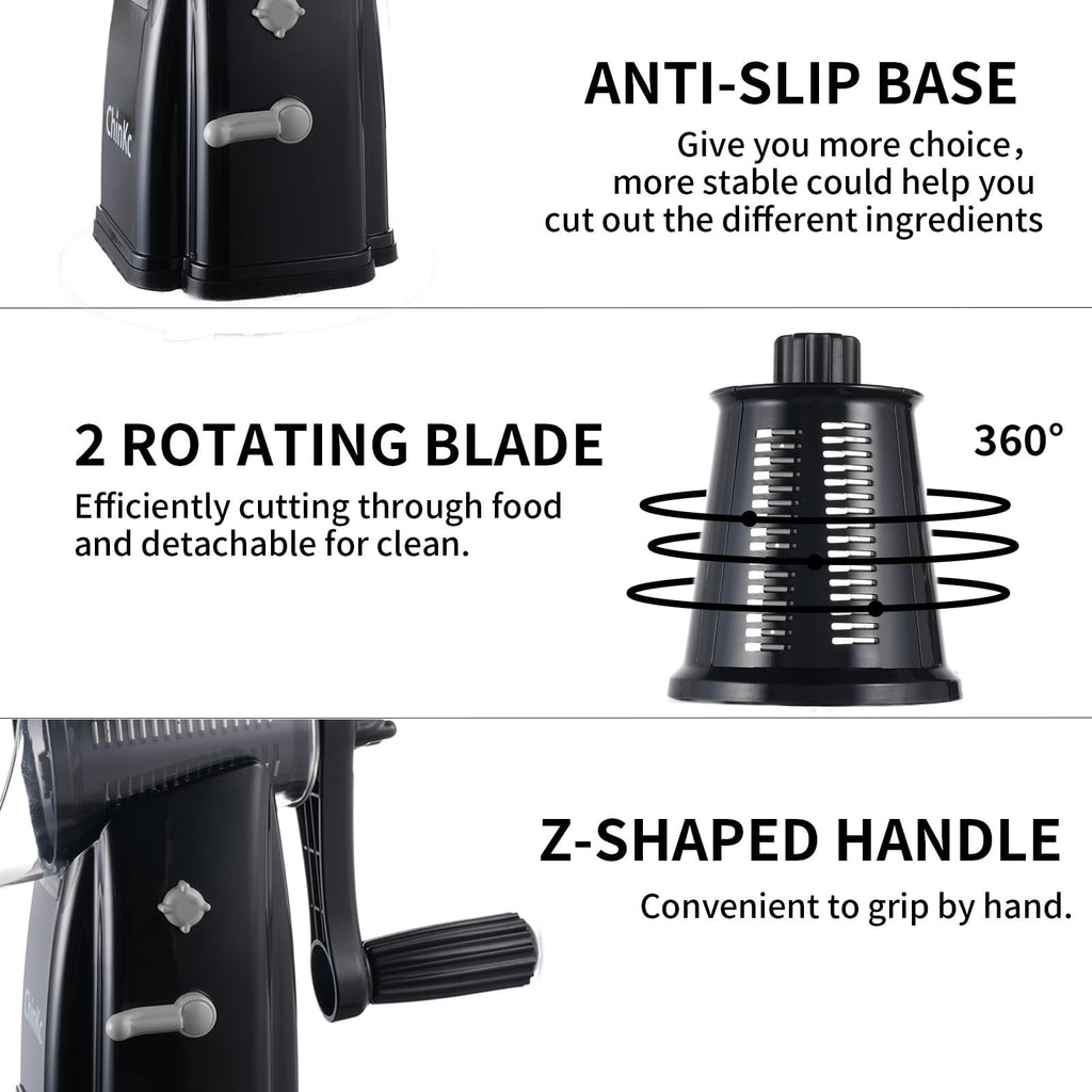 ChinKc Upgrade Rotary Cheese Grater Shredder with Handle, Strong Suction Base, Multi-purpose Rotary Grater Slicer with 5 Interchangeable Blades for Ice, Vegetables, Fruit, Nuts with Blade Storage Box