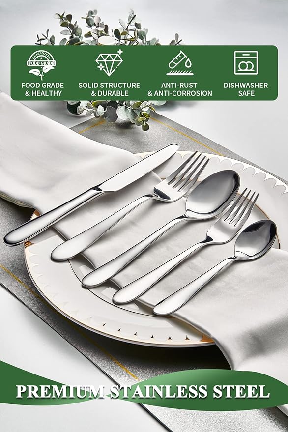EIUBUIE 40 Piece Silverware Set for 8, Stainless Steel Flatware Set, Cutlery Sets with Mirror Finish, Dishwasher Safe, Modern Kitchen Forks, Spoons, Knives, Eating Utensil Sets