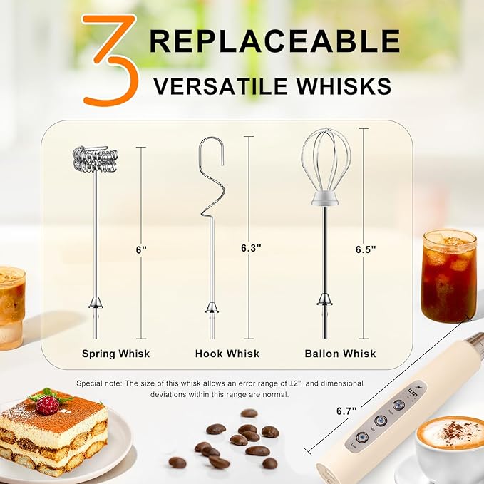 YUSWKO Handheld Milk Frother Wand for Coffee, Rechargeable Electric Whisk with 3 Heads 3 Speeds Drink Mixer Coffee Frother For Latte, Cappuccino, Hot Chocolate, Egg, Beige