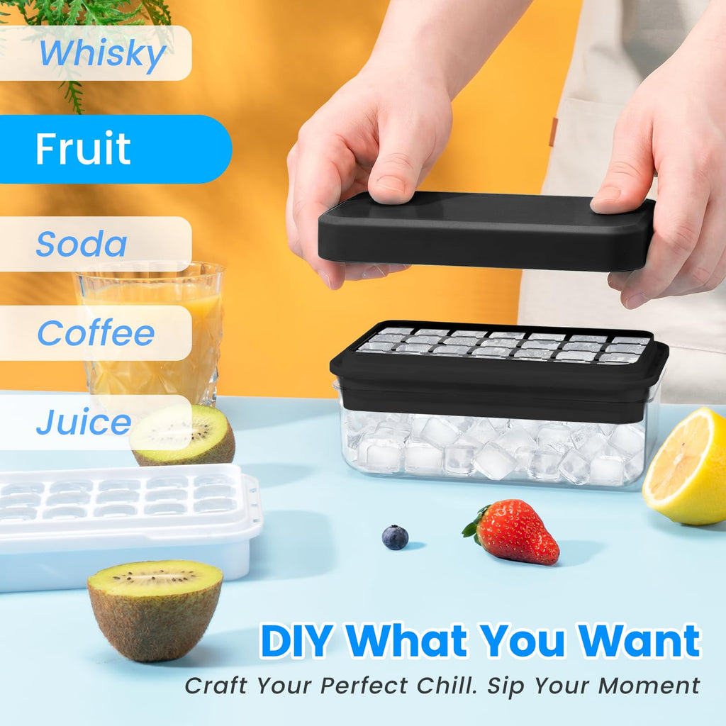 PHINOX Ice Cube Tray with Lid and Bin, Easy Release 84 Cubes for Freezer