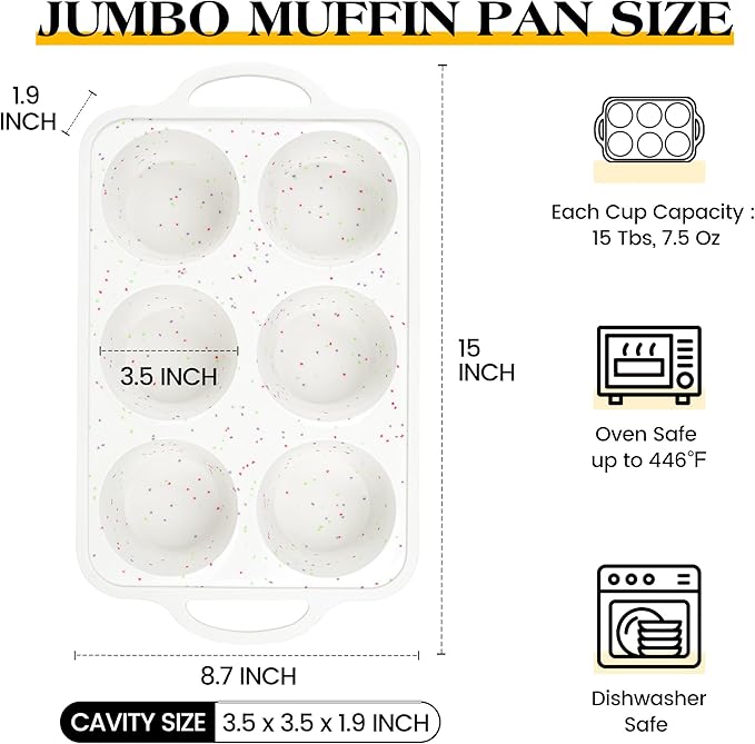 AOTASO Jumbo Muffin Pan with Metal Frame Nonstick 6 Cup Extra Large Silicone Cupcake Pan for Baking, Deep Jumbo Muffin Tray for Egg Bites Muffins, Confetti Color Cream Gifts for Mom Home Baker（1 Pc）