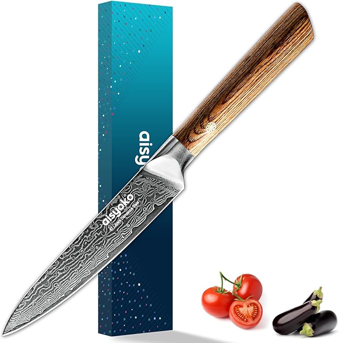 Aisyoko 5-Inch Paring Knife - Japanese VG-10 Super Steel 67-Layer Damascus Blade - Fruit Utility Knife for Carving & Peeling - Luxury Gift Box with Color Wooden Handle - Includes Scabbard