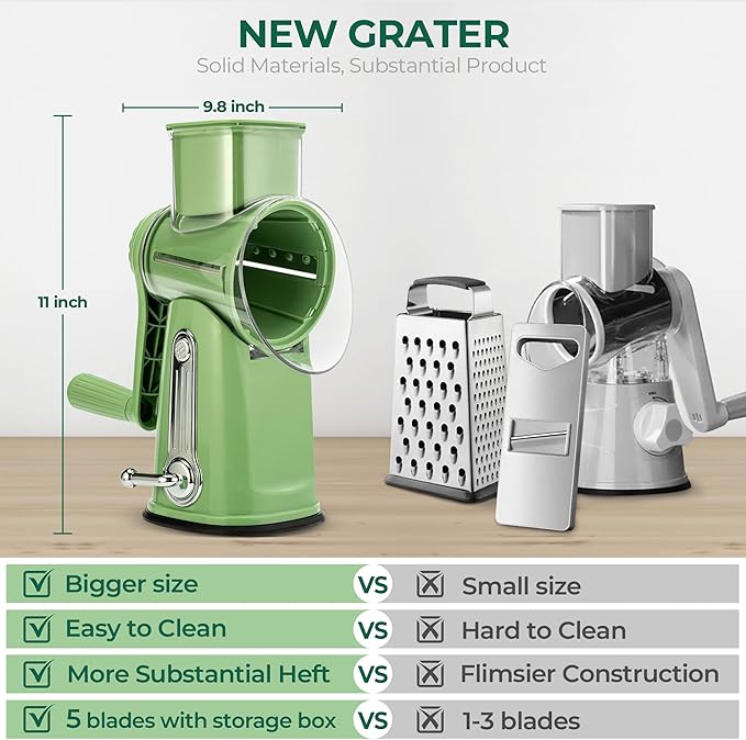 SUSTEAS Rotary Cheese Grater 5 Blades,Kitchen Mandoline Vegetable Slicer