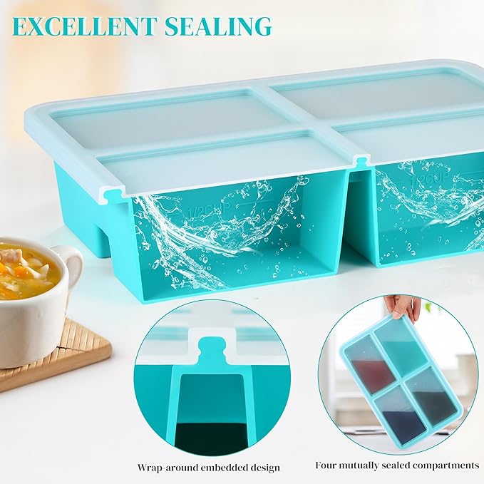 BIONMAPLE Silicone Freezer Trays With Lid - Silicone Soup Freezer Molds, Soup Freezer Containers For Freezing & Storing Soup, Sauce, Broth, and Leftovers - 1 cup silicone freezer molds - 2 Pack