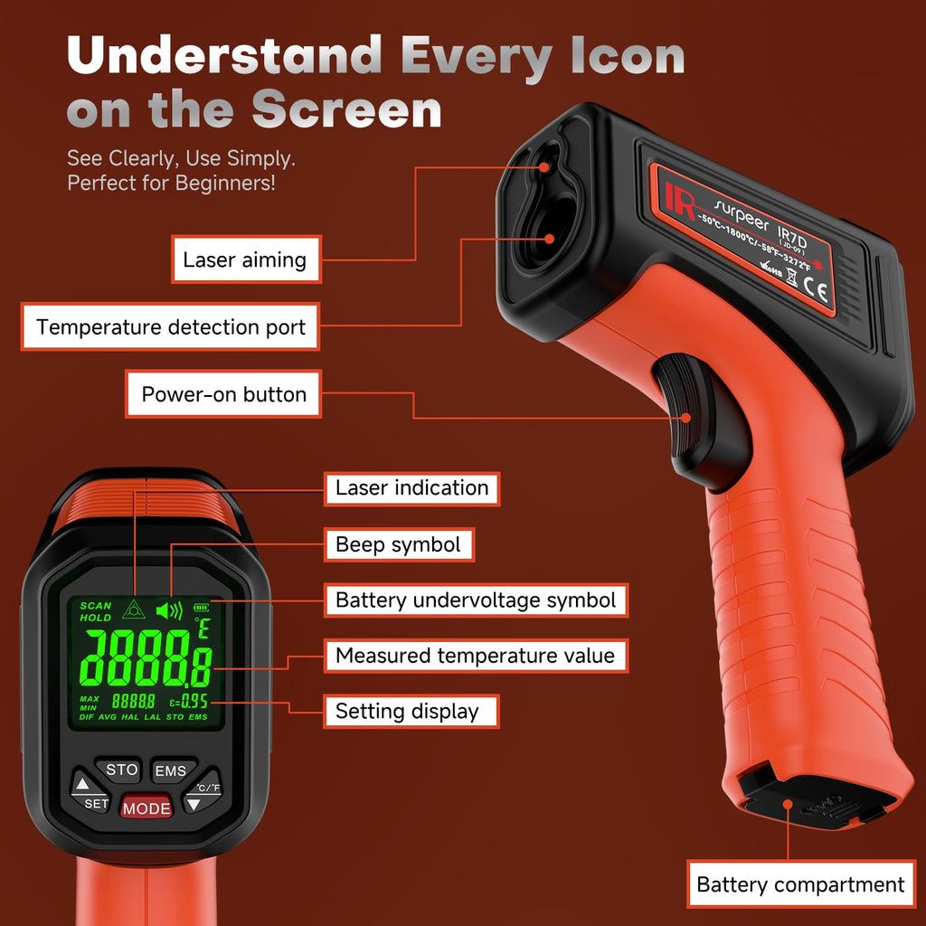 Surpeer Infrared Thermometer Temperature Gun, 3272°F, 50:1