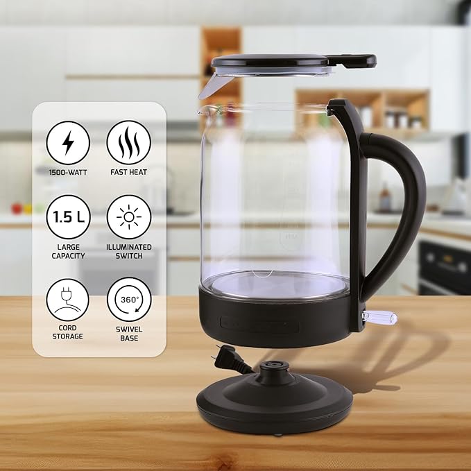 OVENTE 1.5L Glass Electric Kettle Water Boiler, Black KG516B