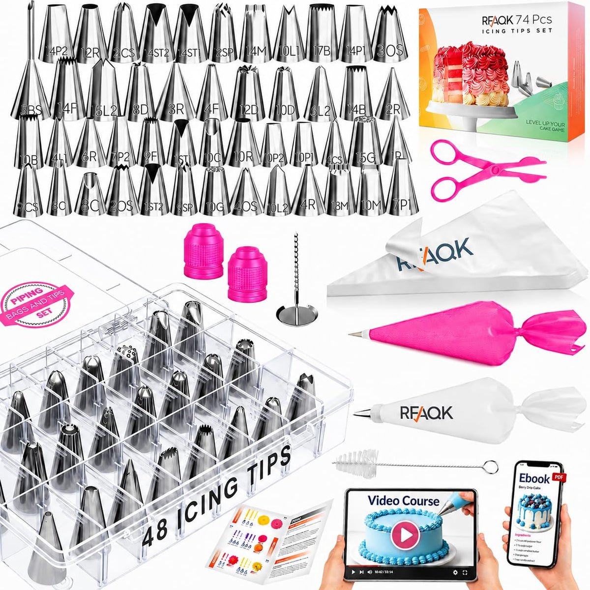 RFAQK 74PCs Icing Piping Bags and Tips Set for Beginners to Decorate Cake