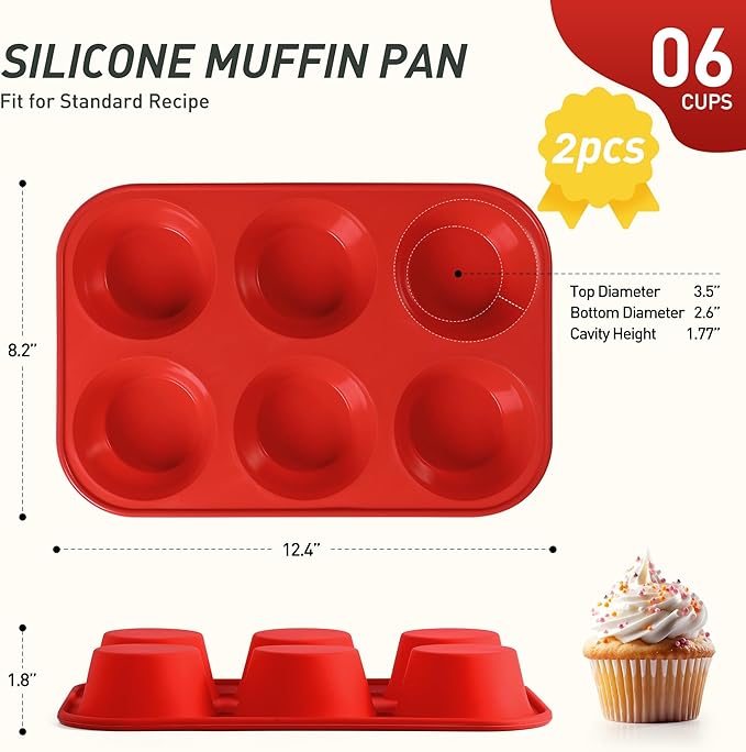 2 Pack 6 Cups Silicone Mini Muffin Pan with Metal Reinforced Frame Silicone Molds Cupcake Cake Baking Pans Cookie Baking Chocoflan Cupcake Mold Cake Molds Kitchen Baking Mom Gift Home Essentials