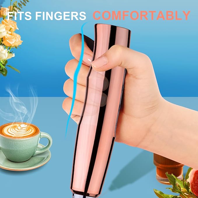 YUSWKO Handheld Milk Frother Wand for Coffee, Rechargeable Electric Whisk with 3 Heads 3 Speeds Drink Mixer Coffee Frother For Latte, Cappuccino, Hot Chocolate, Egg, Rose Gold with Holder