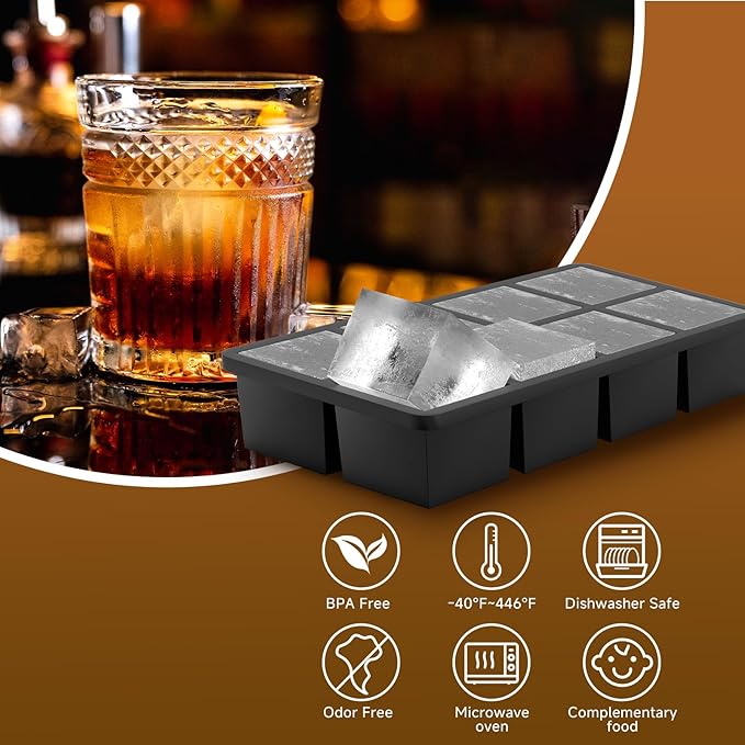 Samuelworld Large Silicone Ice Cube Tray Molds, Big 2 Inch Cubes 3 Pack - Food Grade, Flexible, 8 Cavity Easy Release Slow Melting Ice for Whiskey, Cocktails, Gifts & Christmas - Black (With Lid)