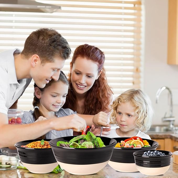 HASENSE Nesting Ceramic Mixing Bowls Set of 4, 2.5/1.5/1.0/0.5 Qt Black & Beige Stoneware Bowls, Farmhouse Bowls for Cooking, Baking, Fruit & Holiday Serving, Dishwasher & Microwave Safe