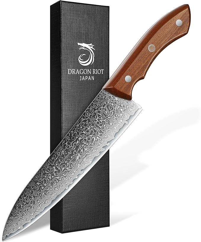 DRAGON RIOT 7 Inch Damascus Chef Knife, VG10 Steel, Kitchen Knife | VG10 Steel Core, Full Tang, For Slicing, Chopping and Everyday Food Prep
