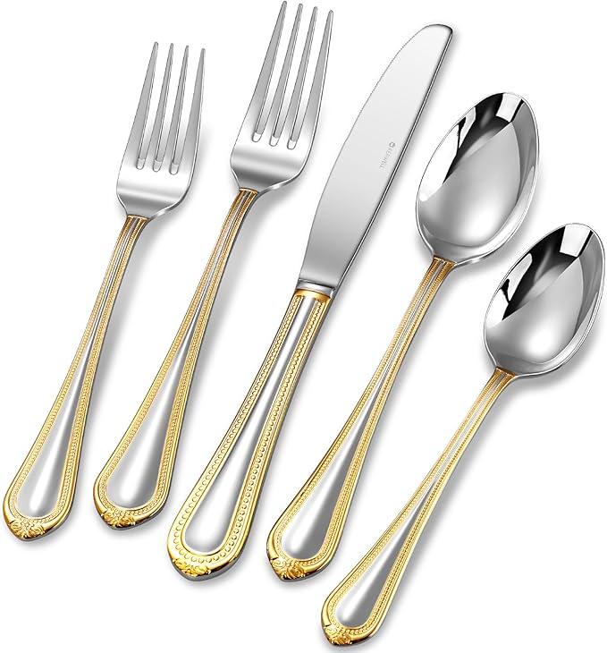 KEAWELL Premium Pearl Edge 20/45/65-Piece Silverware Set (45, Gold Accent)