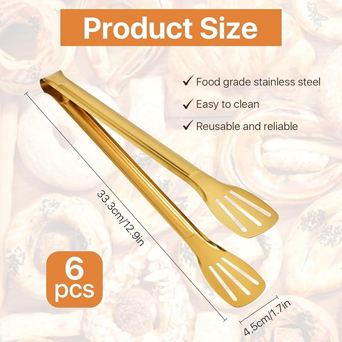 Gold Serving Tongs, 12.9 Inch Stainless Steel Salad Tongs, 6 Pack