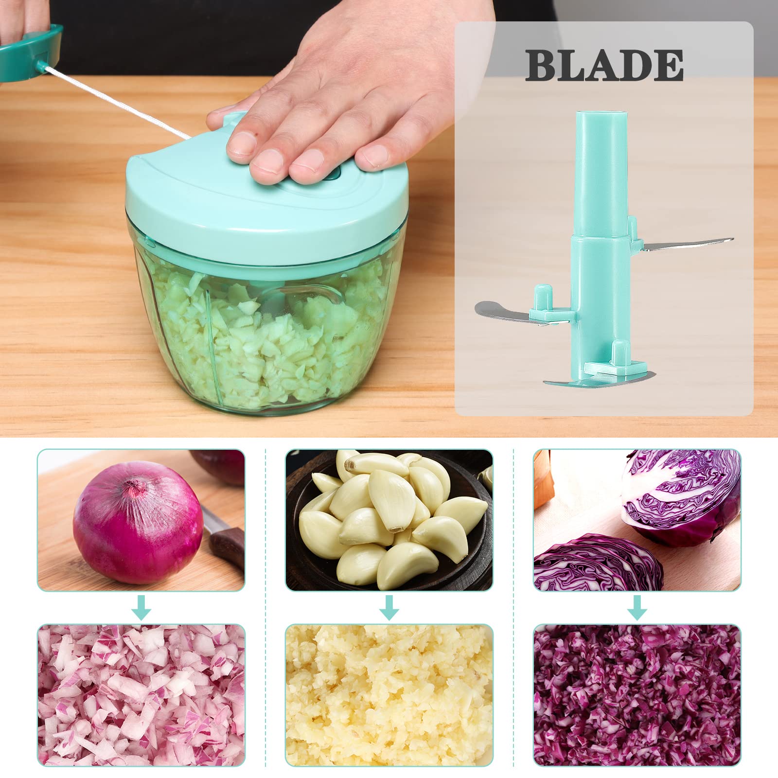 Cambom Manual Food Chopper Vegetable Cutter, Hand String Vegetable Chopper Onions Cutter for Vegetable Fruits Nuts BPA Free Food Safe Material, 650ml Blue