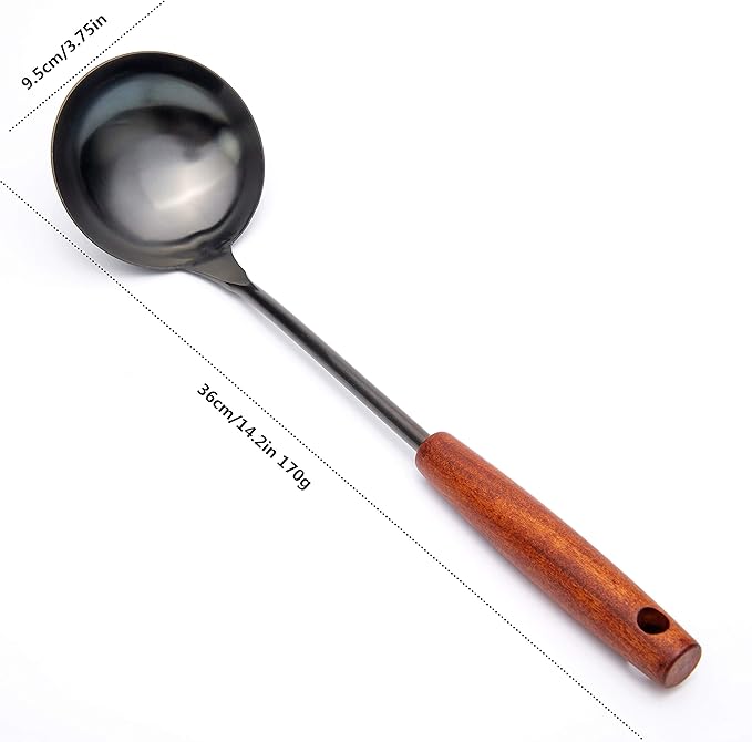Stainless Steel Wok Utensil - 14.2 Inch Rust Proof Soup Ladle With Ergonomic Wooden Handle - Serving Spoon For Cooking, Gravy, Sauces, and More