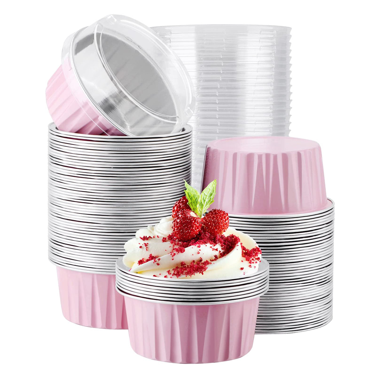 EUSOAR Cupcake Liners for Baking, 50pcs 5oz Muffin Liners, Disposable Foil Ramekins, Dessert Containers, Aluminum Foil Baking Cupcake Cups Holders Pans with Lids 5 Colors Mixed