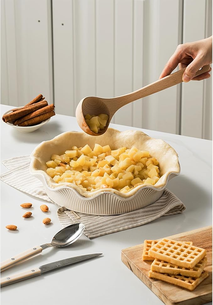 MIKIGEY Ceramic Deep Pie Pan for Baking, 11 inch Porcelain Pie Dish for Apple Pie, Oven & Dishwasher Safe, Farmhouse Decor, 48 Ounce Deep Plate for Kitchen, Non-Stick Pie Pans, Embossed Stripe