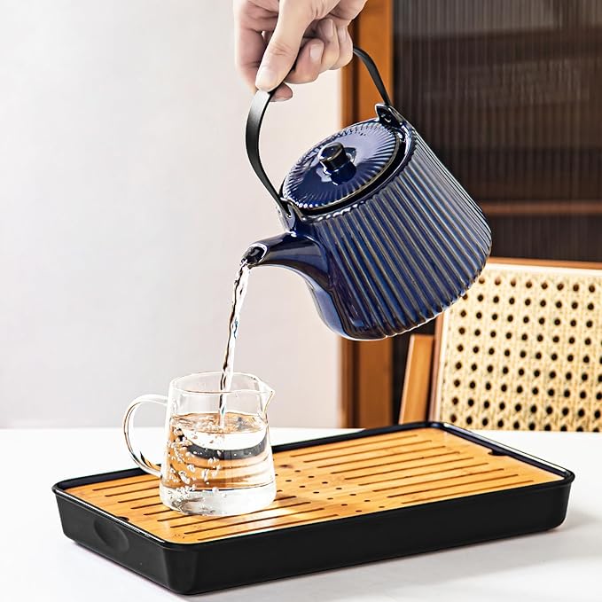 Yundu Ceramic Teapots for Tea, 1000ml/33.8oz Tea Pot with Infusers for Loose Tea, Striped Tea Pot with Removable Tea Infuser - Reactive Blue