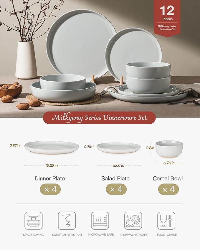 Famiware Milkyway 12-Piece Stoneware Dinnerware Set, Light Gray