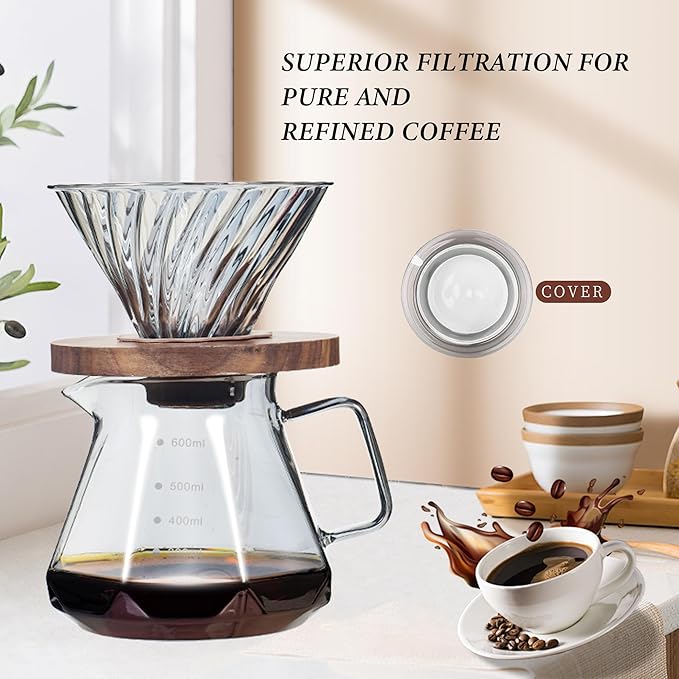 COFISUKI Upgrade Pour Over Coffee Maker - 20 OZ /600ML Borosilicate Glass Coffee Maker with Glass Coffee Dripper, Stylish Elegant Drip Coffee Maker for Home Cafe Restaurant Camping, 600 ml, Clear