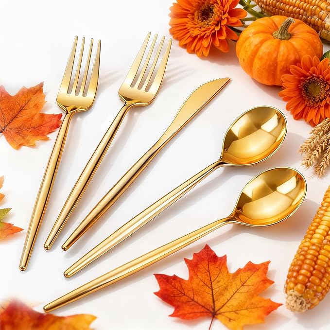 Rubtlamp 90Pcs Gold Plastic Silverware, Gold Disposable Utensils, Plastic Cutlery Include 30 Plastic Knives, 60 Forks and Spoons, Fancy Plastic Silverware Heavy Duty for Party