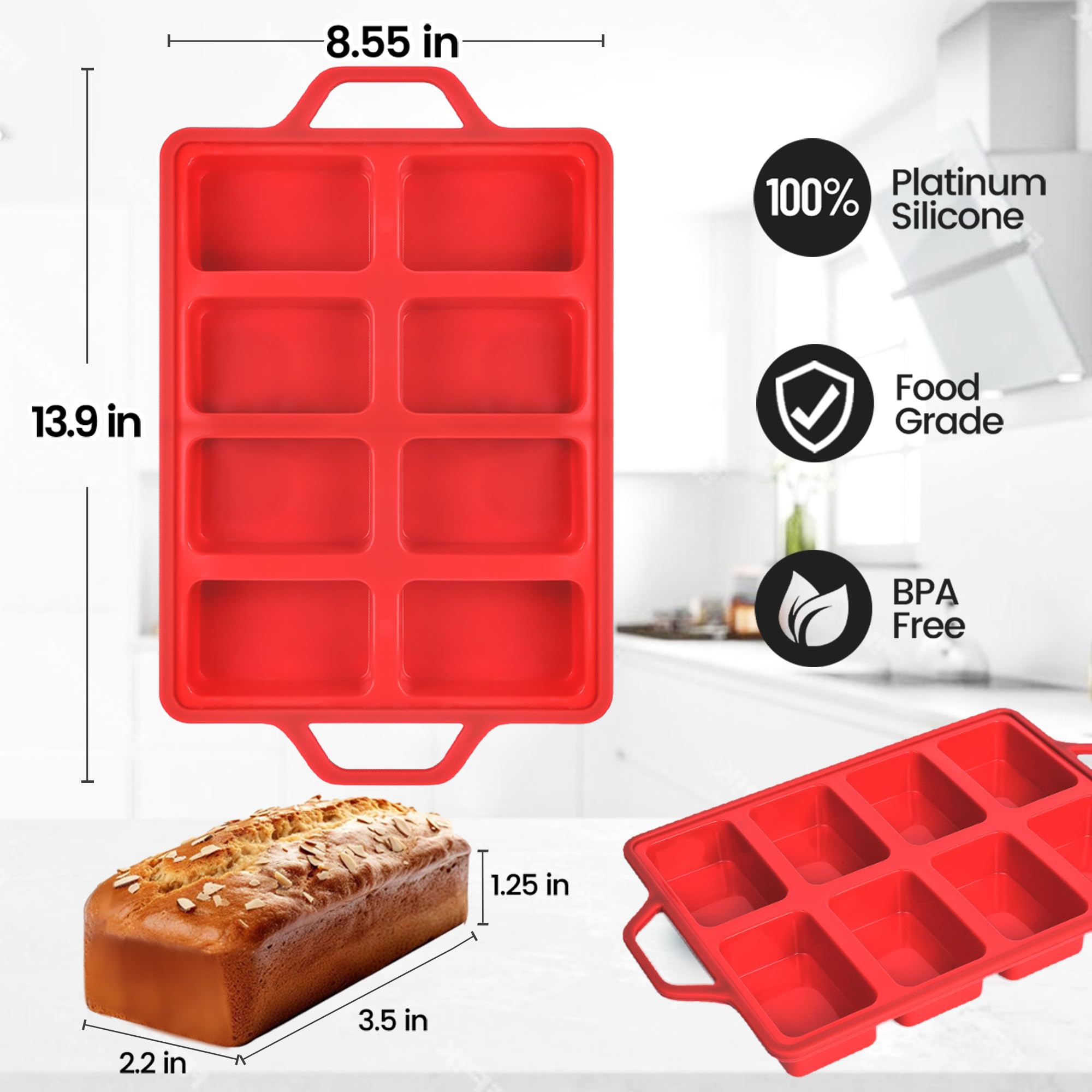 Mini Loaf Pans, Metal Reinforced Frame Silicone Mini Bread Loaf Pans 8 Cavities Nonstick for Baking Cornbread, Bread, Small Loaf, Brownie, Cheesecake, Chocolate 2 Pack Red