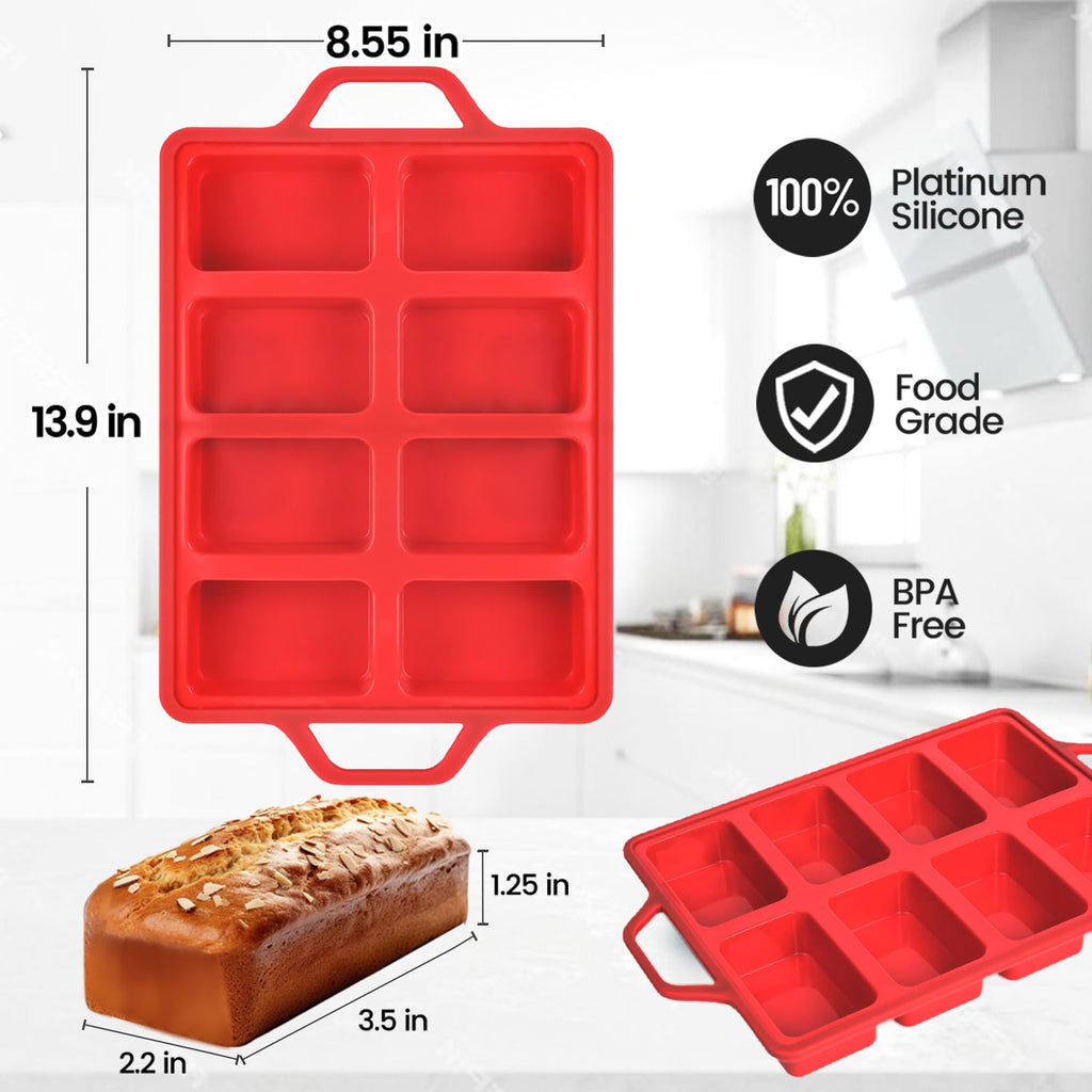 Mini Loaf Pans, Metal Reinforced Frame Silicone Mini Bread Loaf Pans 8 Cavities Nonstick for Baking Cornbread, Bread, Small Loaf, Brownie, Cheesecake, Chocolate 2 Pack Red