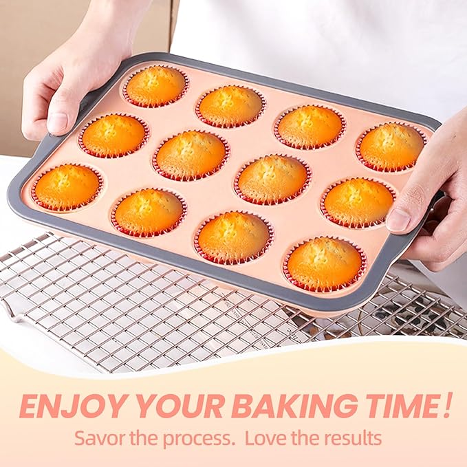 BHNJUTM 12-Cup Silicone Muffin Pan for Baking - Premium Nonstick Muffin Tin with Metal Reinforced Frame, Easy to Clean Silicone Cupcake Molds, Dishwasher & Oven Safe BPA Free (one pink)