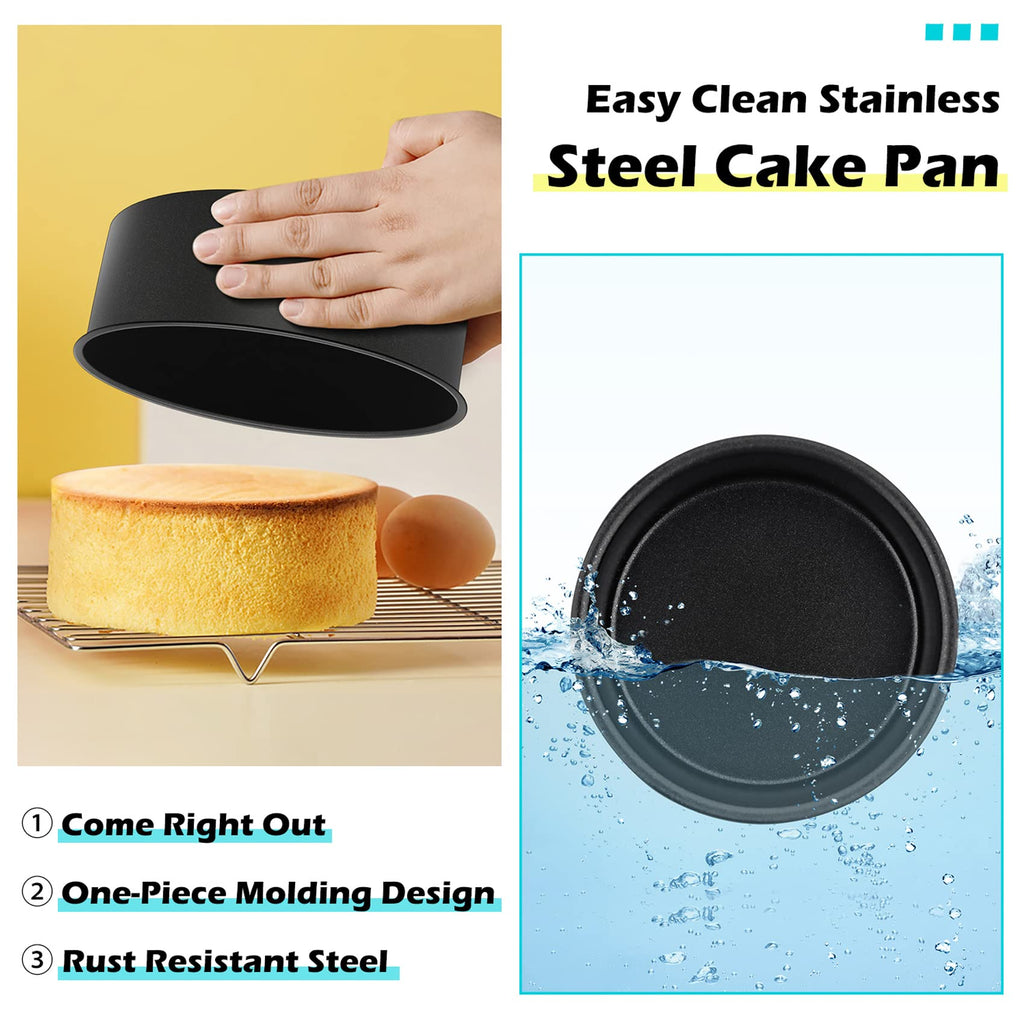 LIANYU 6 inch Cake Pans for Baking, Round Cake Pan Set of 4, Nonstick Stainless Steel Baking Tin Bakeware for Birthday Wedding Party, Non Toxic Coating, 3 Inch Deep, Black