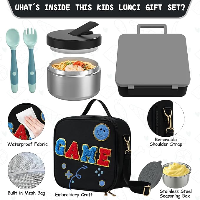 Aimsnk Kids Lunch Box with Thermo Insulated Lunch Bag for School, Black