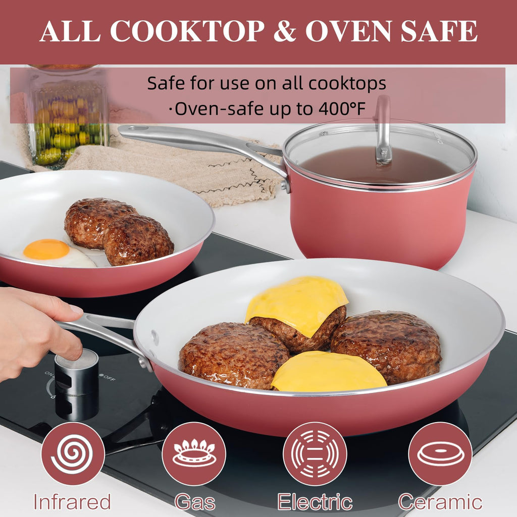 ONGIFT Kitchen Pots and Pans Set Non Stick, 11 Pcs Ceramic Cookware Set with Stay-Cool Handle, Pot and Pan Set NonToxic PFOA/PFAS Free, Dishwasher/Oven Safe, Evenly Heats, Enamel Exterior - Coral Red