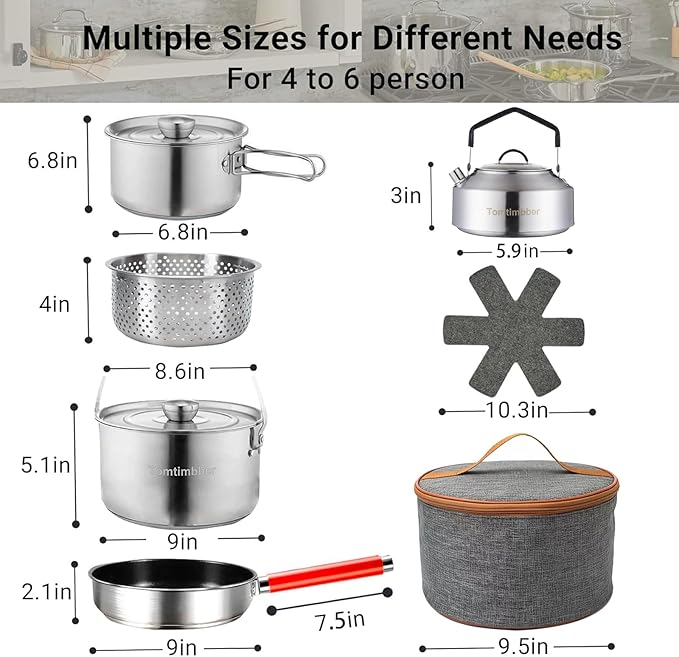 Tomtimbber Camping Cookware Set 304 Stainless Steel Cooking Pots Pan Kettle Set with Travel Tote Bag for Camping Outdoor Kitchen Cooking Picnic for 4-6