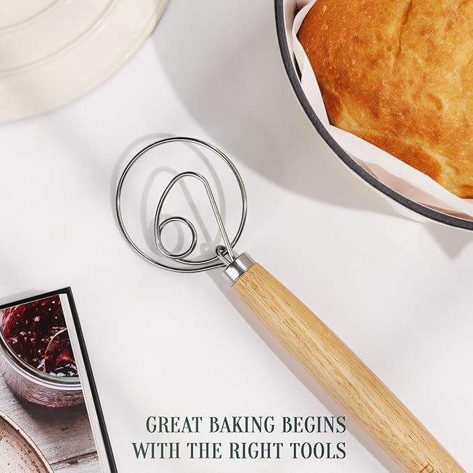 Danish Dough Whisk for Sourdough Bread, 13-Inch Bread Whisk with Wooden Handle, Stainless Steel Single Loop Dough Mixer and Sourdough Whisk for Bread Making, Pizza Dough, Batter and Pastry