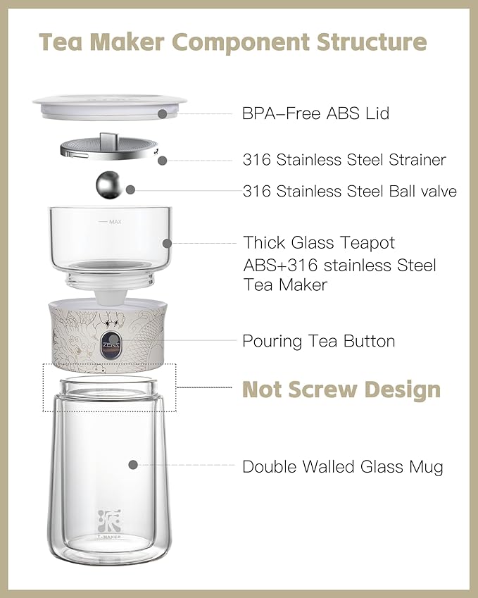 ZENS Glass Tea Infuser Pot, Modern One Touch Tea Maker for Tea Steeping